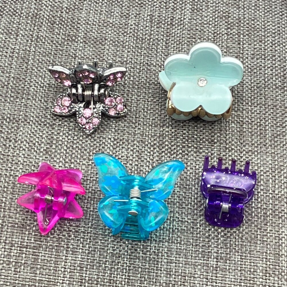 Set Of 5 Mini Hair Clips Fun Shapes Colors Butterfly Flower Star Rhinestone 80s